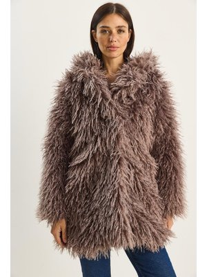 Soft Lila Çift Düğme Detaylı Kapüşonlu Astarlı Tibet Kaban