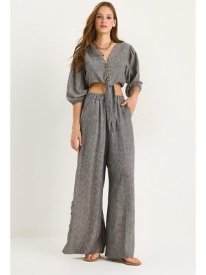 Antrasit Bağlama Detaylı Bluz Paçası Düğmeli Pantolonlu Astarlı Alt Üst Takım