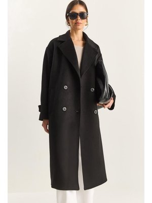 Siyah Kruvaze Yaka Astarlı Oversize Uzun Kaşe Kaban