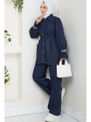 Koyu Mavi Taşlı Ceket Pantolon Kot İkili Takım