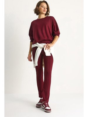 Bordo Yumuşak Dokulu Bisiklet Yaka Oversize Sweat Pantolon Viskon Dalgıç Takım