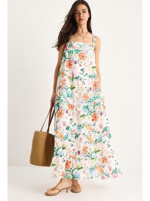 Çok Renkli Çiçek Desenli Kare Yaka Askılı Astarlı Uzun Keten Elbise