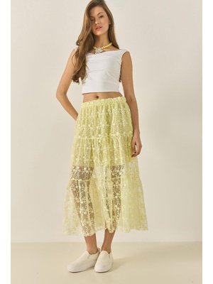 Limon Sarısı Çiçek Dantelli Kısa Astarlı Volanlı Normal Bel Uzun Etek