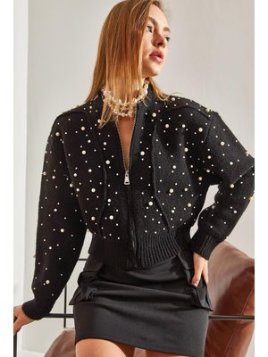 Siyah İnci Taş İşlemeli Triko Hırka