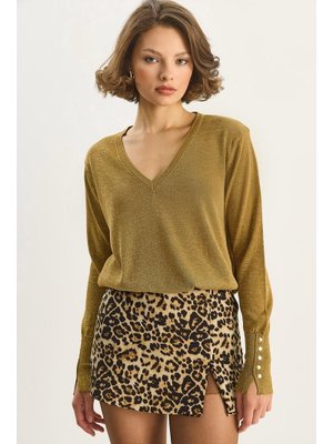 Haki Kol Detaylı V Yaka Gold Simli Merserize Triko Bluz