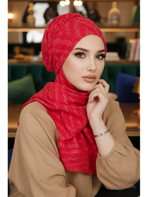 Kırmızı Desen Kışlık Kelebek Bone Şal