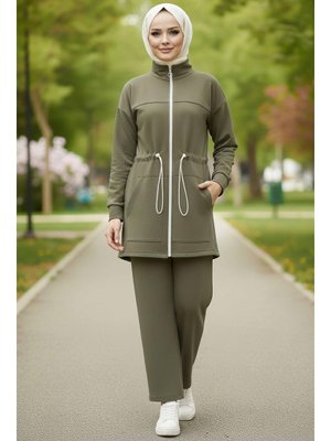 Hakı Haki Belde Lastik Detaylı Fermuarlı Cepli Modal İkili Takım