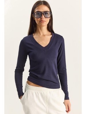 Lacivert Cotton V Yaka Bluz