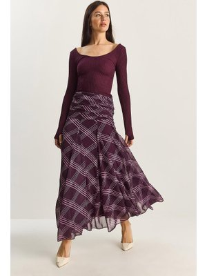 Mor Drape Bel Detaylı Astarlı Desenli Uzun Etek