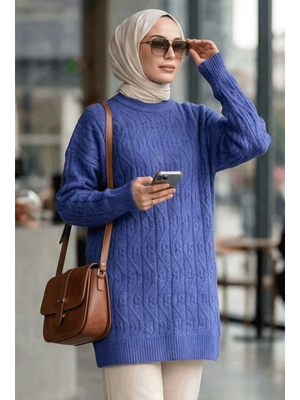 Desenli İndigo Mavisi Triko Kazak Tunik 86541ım