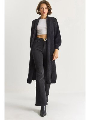 Siyah Şal Yaka Yumuşak Dokulu Sakallı Uzun Triko Yumoş Hırka