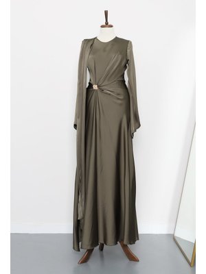 Haki Önü Pelerinli Drapeli Saten Abiye Elbise