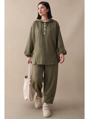 Kapüşonlu Düğmeli İkili Haki Modal Takım