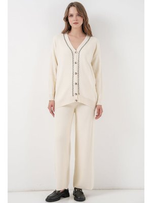 Ekru Hırka Pantolon Triko İkili Takım