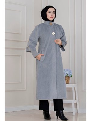 Gri Hakim Yaka Broş Düğme Detaylı Kaban