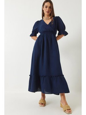 Lacivert Kruvaze Yaka Kol Ve Bel Lastikli Elbise