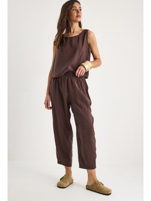 Acı Kahve Kalın Askılı Bluz Beli Lastikli Pantolon Modal Takım