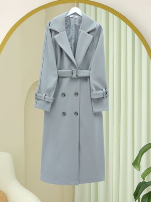 Gri Önü Düğmeli Beli Ve Kolu Kemerli Cepli Astarlı Kaşe Kap