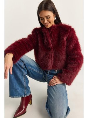 Bordo Suni Kürkllü Astarlı Mont