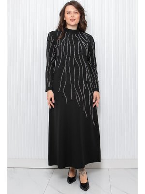 Siyah Taş Baskı Detaylı Abiye Elbise