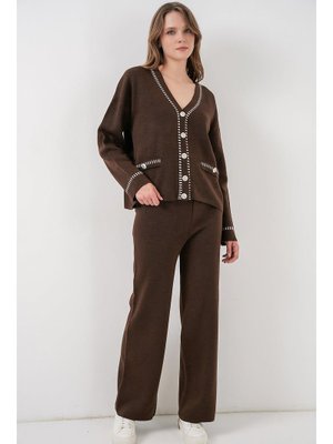 Kahverengi Nakışlı Triko Hırka Pantolon İkili Takım