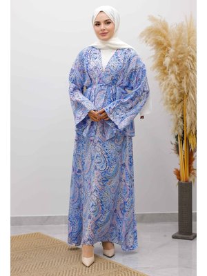Mavi Desenli İp Bağlamalı Etekli Takım