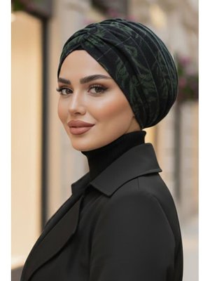 Siyah Haki Desenli Büzgülü Salaş Bone