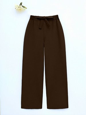 Kahve Duble Kumaş Beli Kuşaklı Bol Paça Pantolon