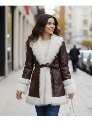 Tüylü Kemerli İçi Astarlı Deri Kahverengi Ceket