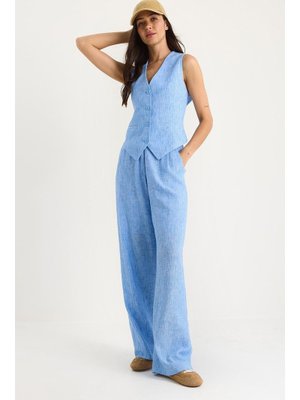 Mavi Yüksek Bel Pantolonlu Yelekli Astarlı Alt Üst Takım