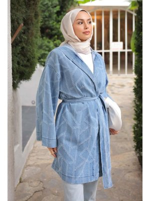 Mavi Kapüşonlu Lazer Kesim Kot Ceket