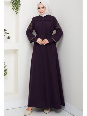 Mürdüm Bağcıklı Kolu Nakışlı Ferace