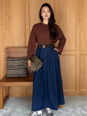 Kot Mavi Tek Düğmeli Etek