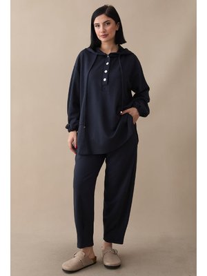 Kapüşonlu Düğmeli İkili Lacivert Modal Takım