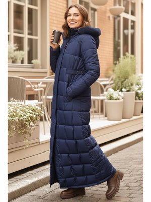 Lacivert Kapüşonlu Kapitone Mont