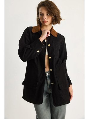 Siyah Süet Kontrast Yaka Cep Detaylı Garnili Gabardin Ceket