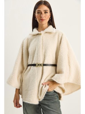 Ekru Tek Düğmeli Beli Kemerli Sakallı Yumoş Panço