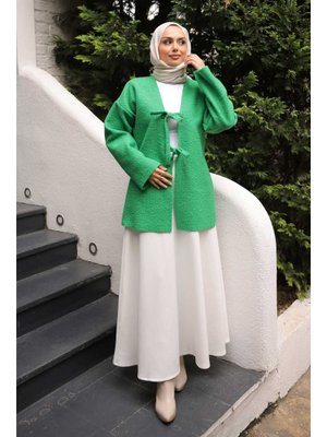 Yeşil Önü Bağlamalı Buklet Kimono Ceket