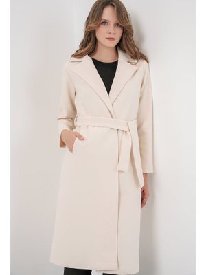 Ekru Kruvaze Yaka Kaşe Kaban