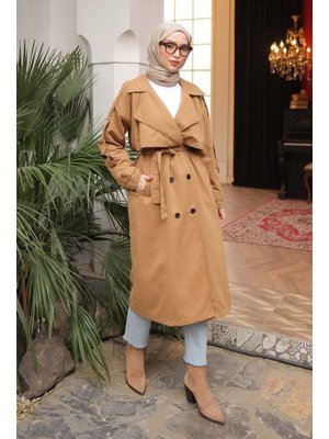 Camel Kruvaze Yaka Astarlı Trençkot