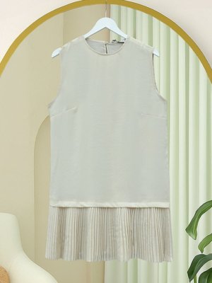 Bej Eteği Pliseli Sıfır Kol Modal İçlik