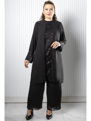 Siyah Taş Payet İşlemeli Şifon Pantolon Tunik Takım
