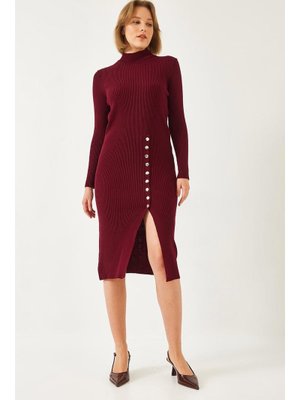 Bordo Fitilli Düğmeli Triko Elbise