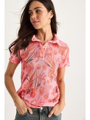 Pembe Polo Yaka Desenli Dijital Baskılı Regular Yazlık Örme Bluz