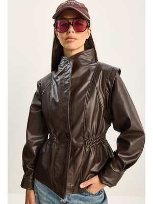 Acı Kahve Beli Lastikli Kruvaze Suni Deri Ceket