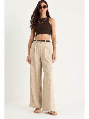 Bej Hasır Kemerli Cep Detaylı Çımalı Keten Palazzo Pantolon