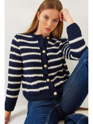 Lacivert Ekru Çizgili Hırka