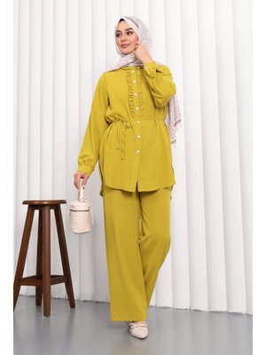 Yağ Yeşili Önü Fırfırlı Tunik Pantolonlu Linda Takım