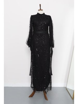 Siyah Boncuklu Payetli Kemerli Abiye Elbise