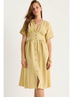 Safran V Yaka Bel Detaylı Düğmeli Kısa Kollu Viskon Keten Elbise